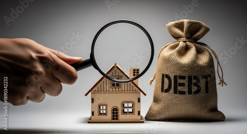 House model with debt bag and magnifying glass