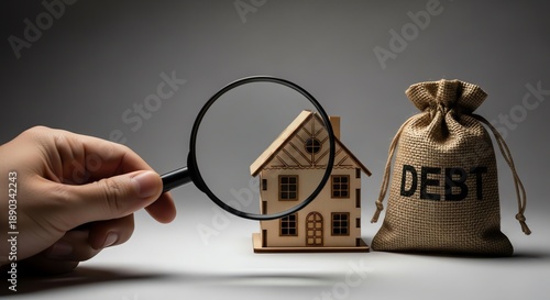 House model with debt bag and magnifying glass