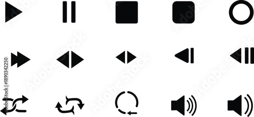 Set of fifteen black media player and audio control icons on a white background symbol