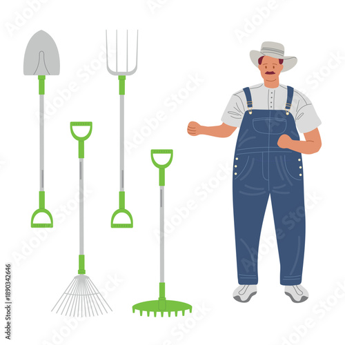 Farmer with gardening tools. Pitchfork, shovel, rake. Man in blue specialized jumpsuit with working farmers tools.