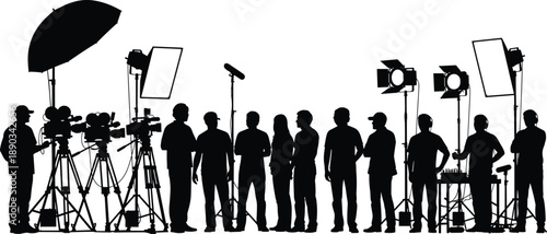 Silhouette of professional film crew with cameras, lighting equipment and microphones on studio set, behind the scenes media production concept in black and white