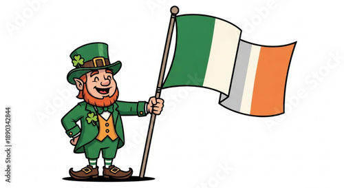 Smiling leprechaun holding irish flag on st patrick's day celebration