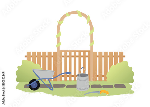 Garden scene with wooden fence, wheelbarrow, bucket, and hand saw on background of bushes and greenery. Vector illustration.