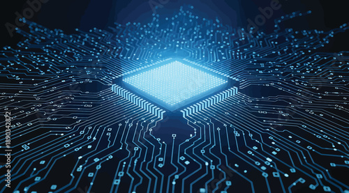 Glowing central microchip surrounded by radiating blue circuit lines, symbolizing computing power, data processing, and digital connectivity in a futuristic visualization of modern electronic systems