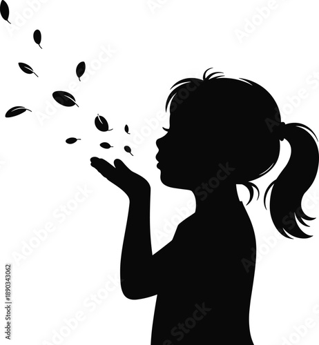 Silhouette of a child blowing dandelion seeds symbolizing wishes, dreams, innocence and childhood imagination isolated on white background concept