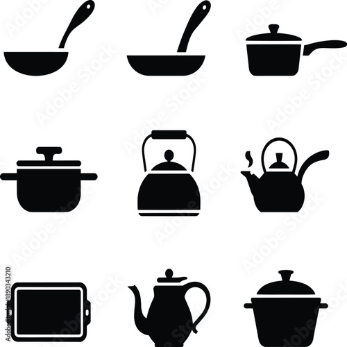 Black and white kitchen utensils and cookware set