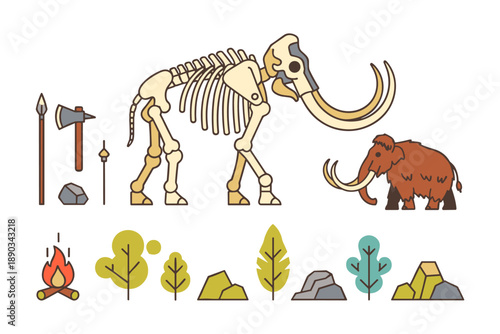 Prehistoric era concept displaying mammoth skeleton and tools