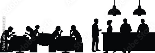 Silhouettes of people relaxing, dining and talking at modern café and bar counter, social lifestyle scene representing hospitality, leisure time and urban nightlife in black and white