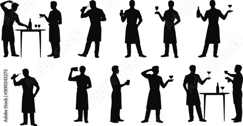 Silhouettes of bartenders and waiters serving wine and cocktails in professional hospitality service poses isolated on white background