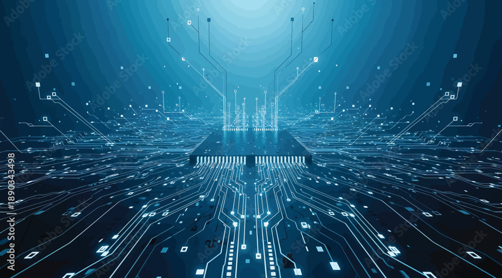 Φωτογραφία Futuristic microchip embedded in glowing digital landscape with radiating blue c