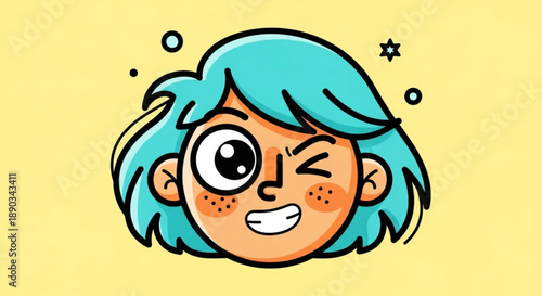 A cartoon illustration of a girl with turquoise hair and a cheerful expression on a yellow background with decorative elements