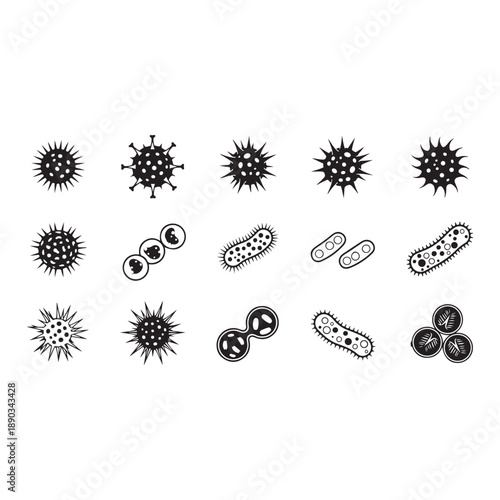 Collection of virus and bacteria icons in black and white