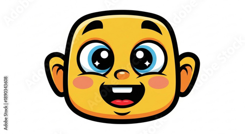 A cheerful cartoon face with a big smile and rosy cheeks
