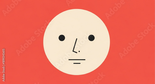 A cartoon face with a neutral expression on a red background with a white bottom section