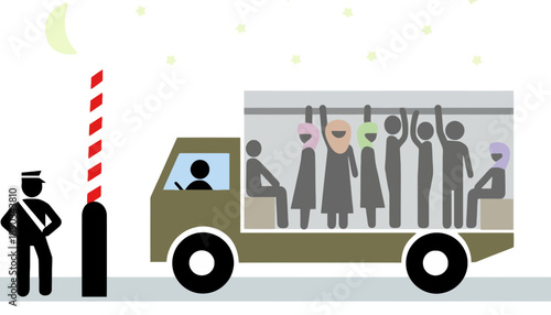 An illustration of a truck with people inside being guarded by a security officer at night