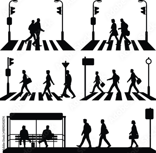 Silhouettes of pedestrians crossing urban streets at zebra crossings with traffic lights and bus stop, daily city commute scenes
