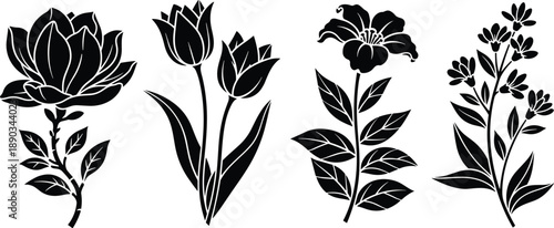 Black flower silhouette set including magnolia tulip and lily isolated on white background for botanical wedding invitation and floral nature design