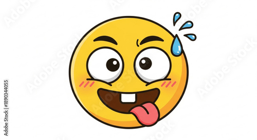 A cartoon emoji with a tongue out and sweat drops on its face expressing playful excitement
