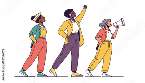 Three diverse women walking together in a line with confidence and purpose