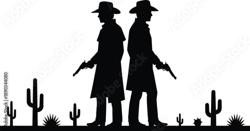 Wild west gunfighter silhouettes standing back to back in desert landscape with cacti representing western showdown, frontier justice, outlaw rivalry, and classic cowboy movie concept isolated 