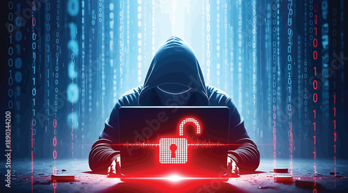 Stylized hooded figure with glowing eyes and open red padlock on laptop screen, surrounded by digital code, symbolizing cybersecurity threats, hacking, and data breaches in a dramatic tech-themed conc