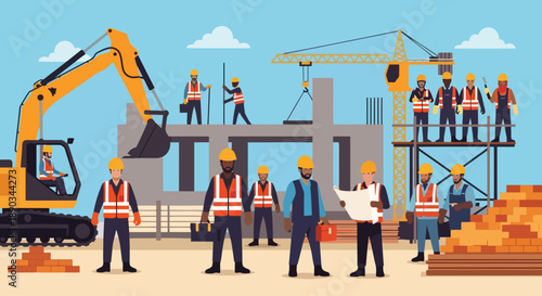 Diverse construction workers team building concrete structure with excavator and crane.