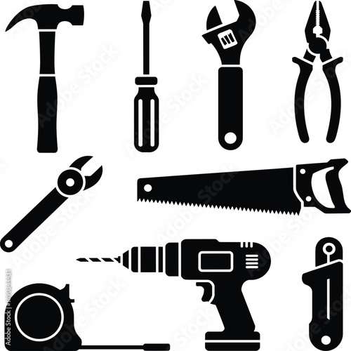 Black and white tools including hammer screwdriver wrench pliers saw drill and tape measure