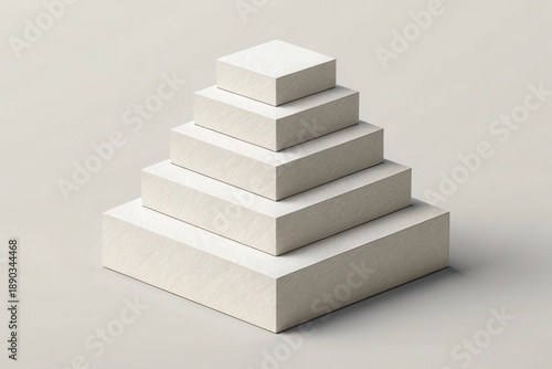 Abstract white cuboid blocks are neatly stacked into a stepped pyramid formation against a neutral gradient background, representing organization and progress