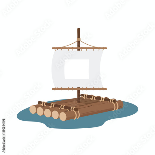 Vintage Style Wooden Log Raft with Sails on Water