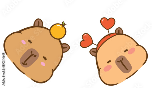kawaii capybara face with orange on head cartoon hand drawn illustration