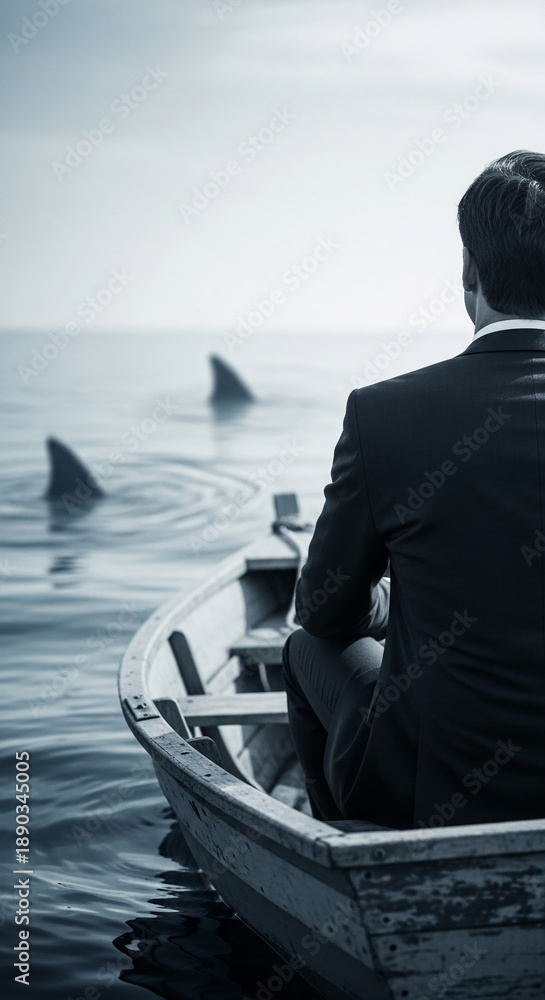 Fototapeta premium Businessman sits in small boat, facing unseen danger symbolized by shark fins in water, representing business risk, uncertainty, and challenge