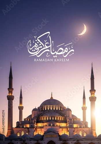 Blue mosque at night. Ramadan kareem illustration greeting card. Lantern with ramadan kareem arabic text calligraphy on dark background. 