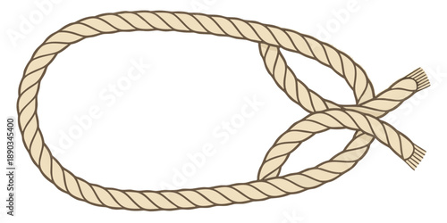 A strong twisted brown fiber rope with a nautical knot is isolated on a white background, showing the rough texture of the tied cord