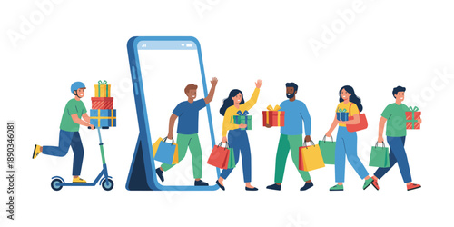 People shopping online receiving gifts from delivery