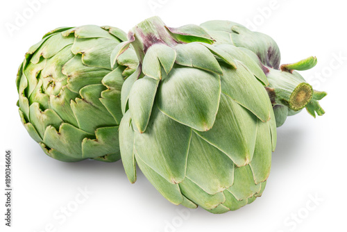 Three french artichokes isolated on white background. File contains clipping paths.