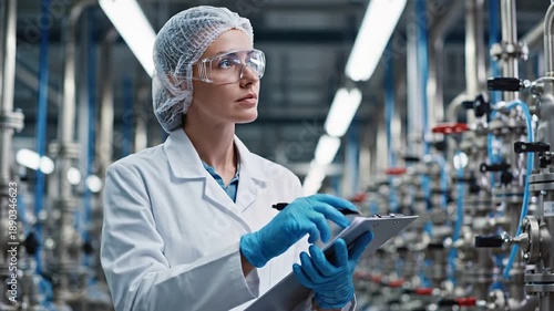Female Scientist in Lab Coat and Goggles Inspecting Equipment and Taking Notes.
