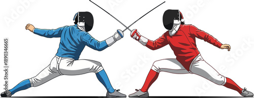 Two fencers lunging in competition match with blue and red uniforms.