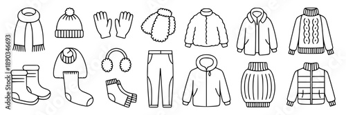 Simple line art collection of winter clothing icons: scarf, hat, gloves, earmuffs, boots, socks, pants, puffer jacket, hoodie, sweater.