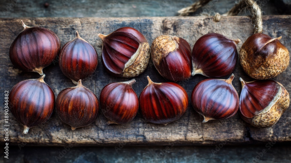 Obraz premium Freshly harvested chestnuts arranged in a row on rustic wooden surface showcasing their glossy shells and natural textures in warm brown tones