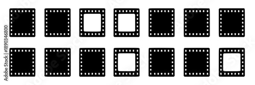 Collection of cartoon-style film reels and strips arranged on a white background, showing varying lengths and shapes with subtle shading and muted color accents.