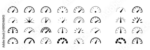 Collection of diverse black outline speedometers and gauges, representing performance and measurement in a flat design style for graphic resources