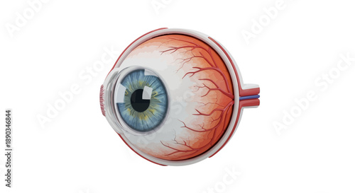 Detailed 3D rendering of the intricate human eye anatomy, showcasing essential structures like the iris, pupil, and blood vessels for scientific and medical visual exploration