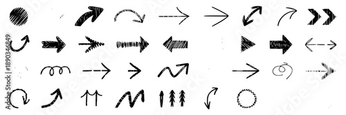Collection of hand-drawn sketch arrows and symbols, various styles including scribbled, outlined, and solid black, on a white background.