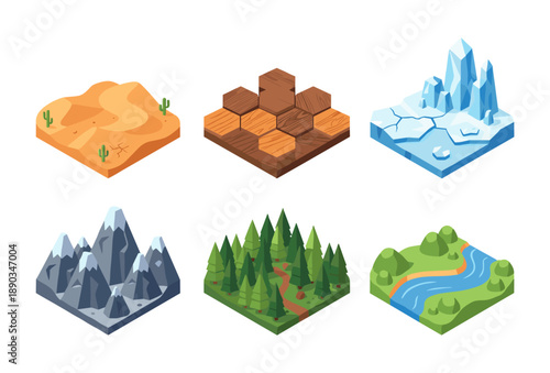 Isometric landscape game asset tiles displaying various terrains