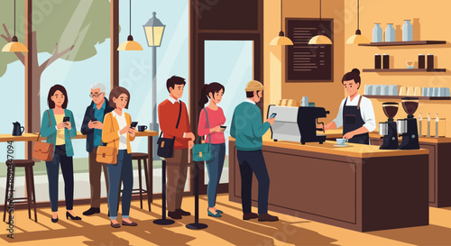 Customers standing in line waiting for order at coffee shop counter.