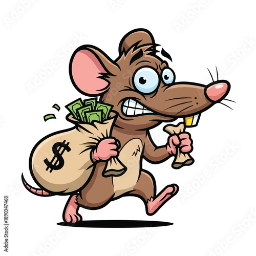 A cartoon mouse running with a bag of money and a cheese in its hands from a thieves perspective