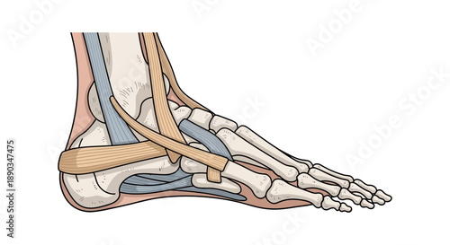 Anatomical illustration of the human foot, detailing bones, tendons, and ligaments for medical and educational purposes