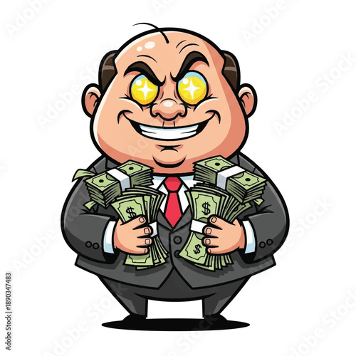 A cartoon businessman happily holding stacks of money in a professional setting