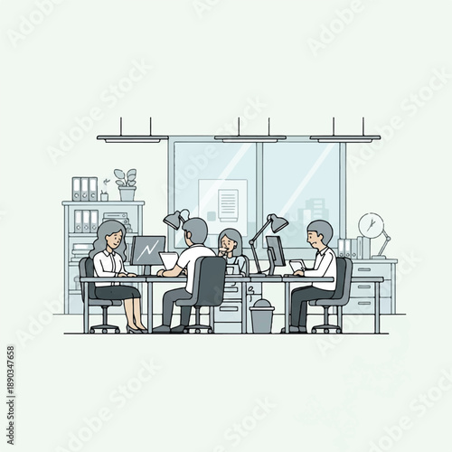 Professionals collaborating at a modern office workspace with computers and lamps