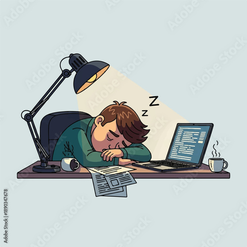 Man resting head on desk with laptop and papers nearby in a relaxed home office setting from a straight-on viewpoint